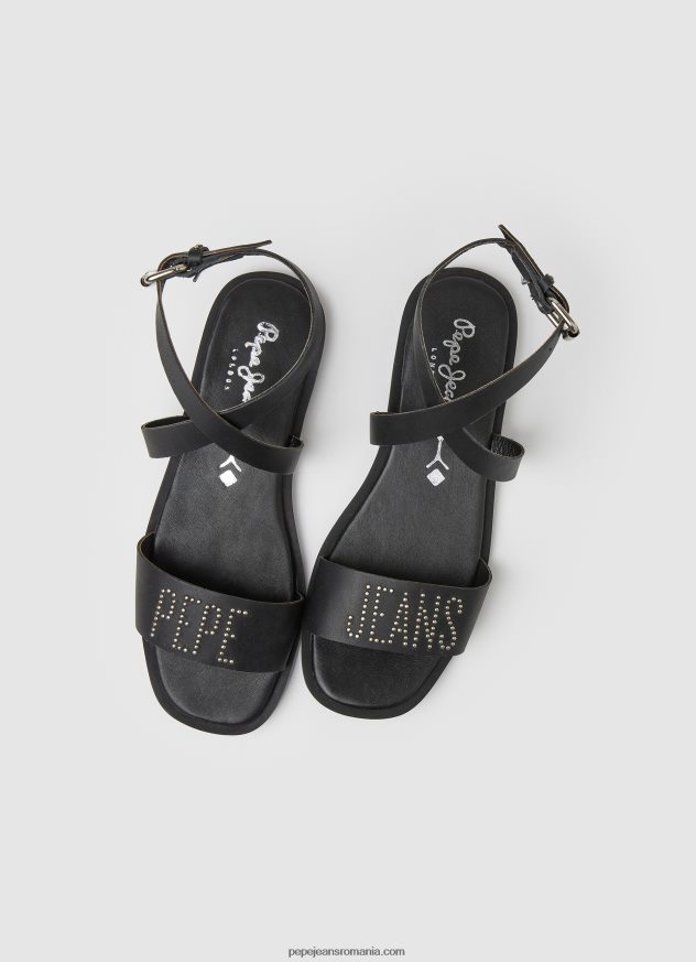 sandale din piele irma log flat femei Pepe Jeans negru 6Z0R46661 - imagine 2