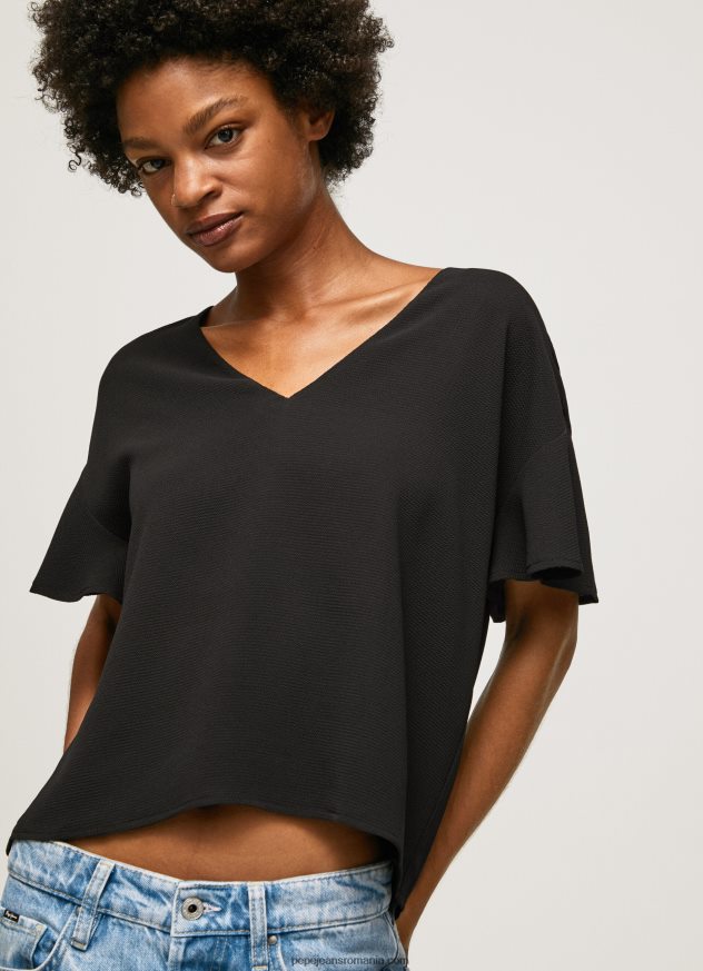 top creponat cu volanuri pe maneci femei Pepe Jeans negru 6Z0R46365 - imagine 3