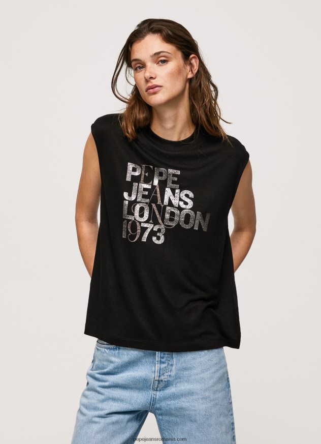tricou cu logo cu mâneci pentru armhole femei Pepe Jeans negru 6Z0R46419 - imagine 2