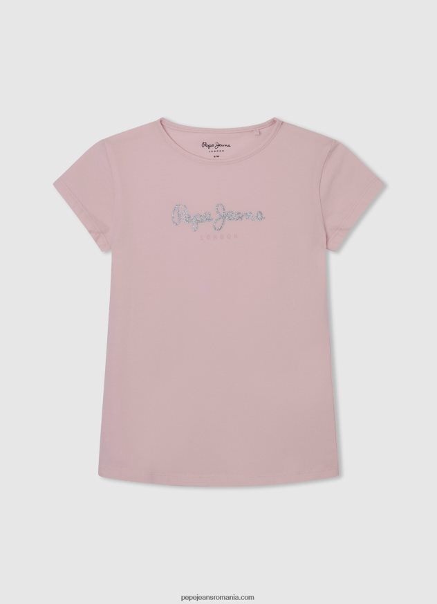 tricou cu logo cu sclipici fată Pepe Jeans roz moale 6Z0R461464 - imagine 1