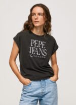 tricou din bumbac cu logo floral femei Pepe Jeans negru spalat 6Z0R46403