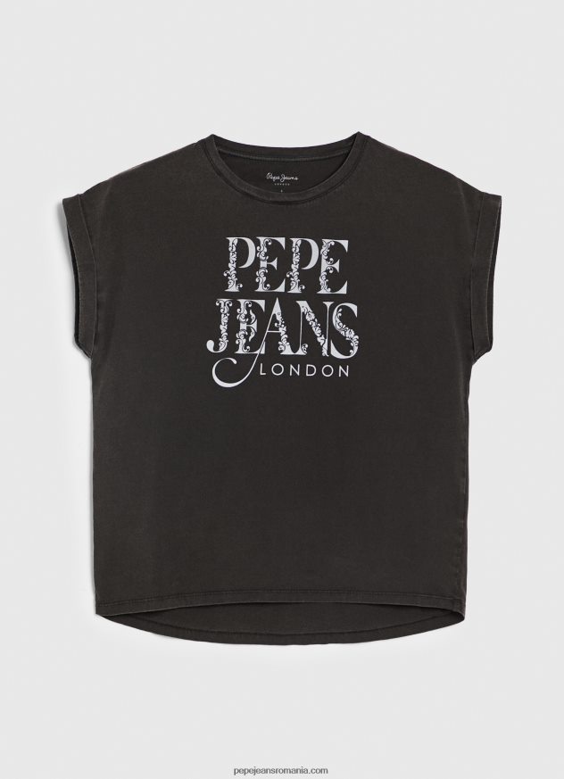 tricou din bumbac cu logo floral femei Pepe Jeans negru spalat 6Z0R46403 - imagine 5