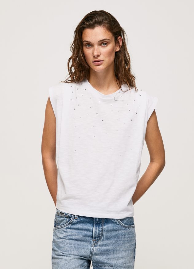 tricou marmorat cu maneci cu armuri femei Pepe Jeans alb 6Z0R46409 - imagine 3