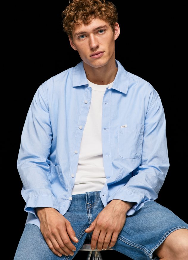 lambert fil a fil straight fit shirt bărbați Pepe Jeans albastru înălbitor 6Z0R461030