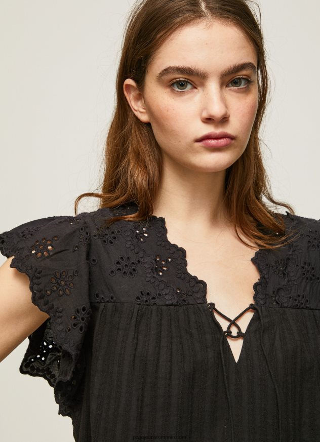 bluză din bumbac cu detalii ajurate femei Pepe Jeans negru 6Z0R46336