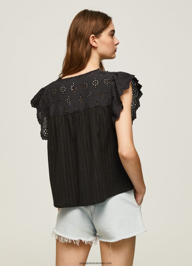 bluză din bumbac cu detalii ajurate femei Pepe Jeans negru 6Z0R46336