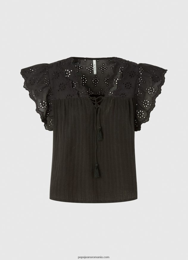 bluză din bumbac cu detalii ajurate femei Pepe Jeans negru 6Z0R46336