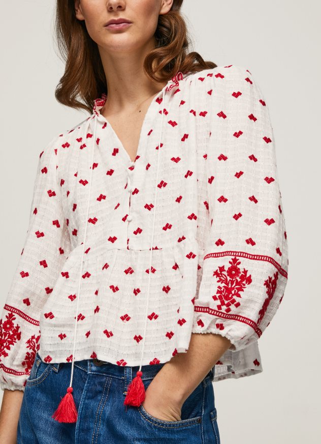 bluză dobby din bumbac brodat femei Pepe Jeans alb 6Z0R46345