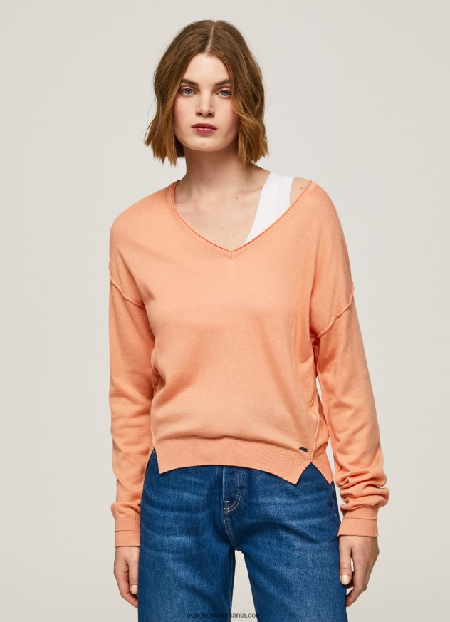 Tricou cu decolteu în V femei Pepe Jeans piersică 6Z0R46241