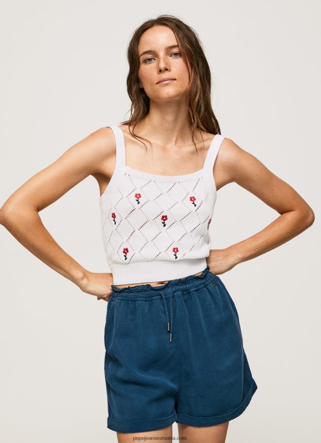 top din bumbac cu flori brodate femei Pepe Jeans alb 6Z0R46232