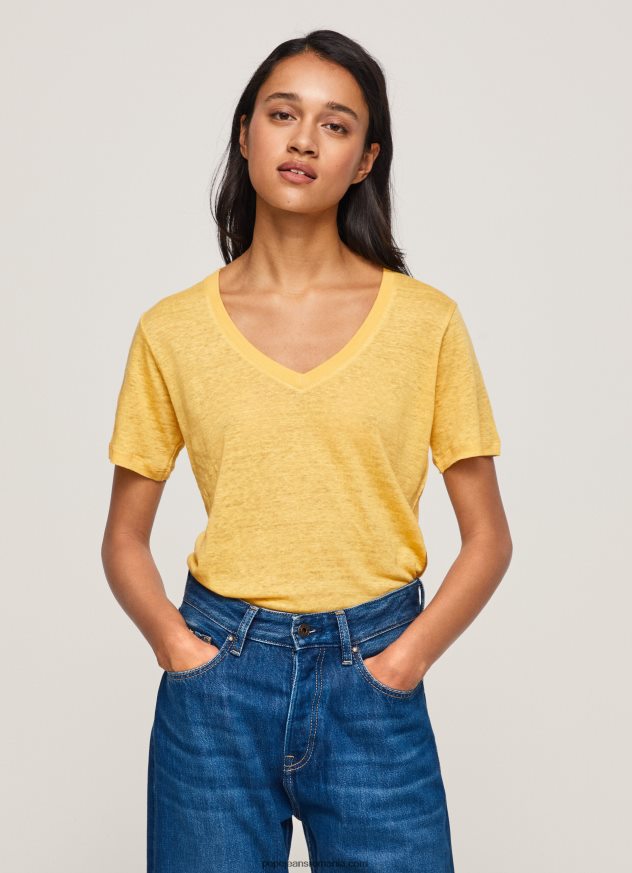 tricou cu decolteu în V din in femei Pepe Jeans strălucire 6Z0R46453
