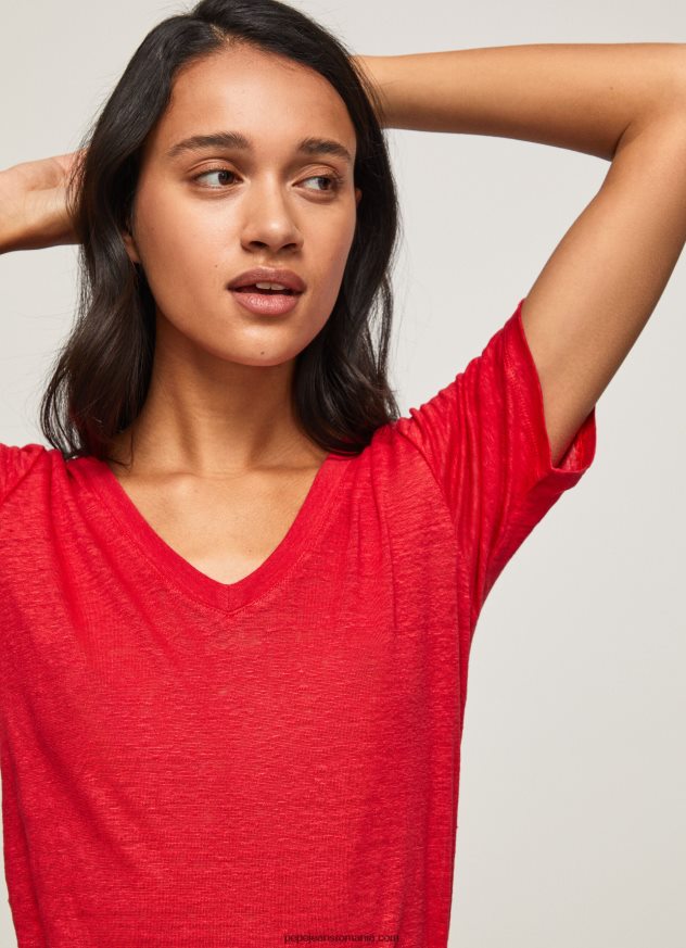 tricou cu decolteu în V din in femei Pepe Jeans studio roșu 6Z0R46465