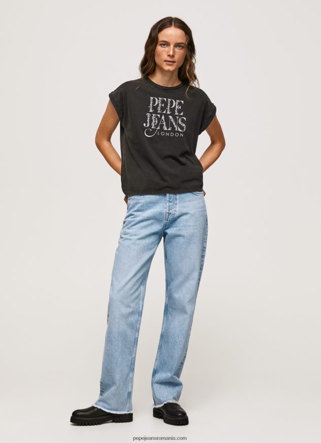 tricou din bumbac cu logo floral femei Pepe Jeans negru spalat 6Z0R46403
