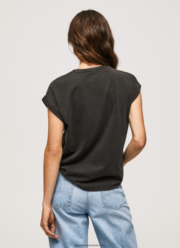 tricou din bumbac cu logo floral femei Pepe Jeans negru spalat 6Z0R46403