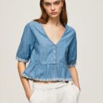 bluză din denim cu decolteu în V femei Pepe Jeans albastru 6Z0R46369