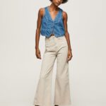 pantaloni evazați din bumbac femei Pepe Jeans piatră 6Z0R46312