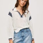 tricou crepon stil polo femei Pepe Jeans alb 6Z0R46250
