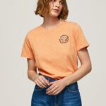 tricou cu imprimeu cu logo femei Pepe Jeans piersică 6Z0R46394